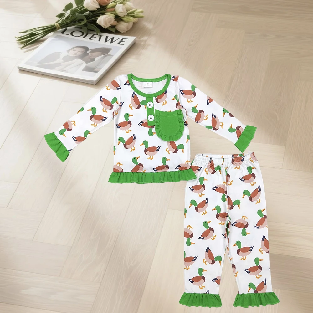 11.6 Baby Girls Duck Pocket Tops Pants Ruffle Pajamas Clothes Sets