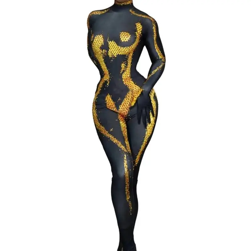 Bar club nocturno Ds Dj escenario Gogo traje Retro de manga larga mono con diamantes de imitación mujeres rendimiento disfraz de Reina Drago XS7649