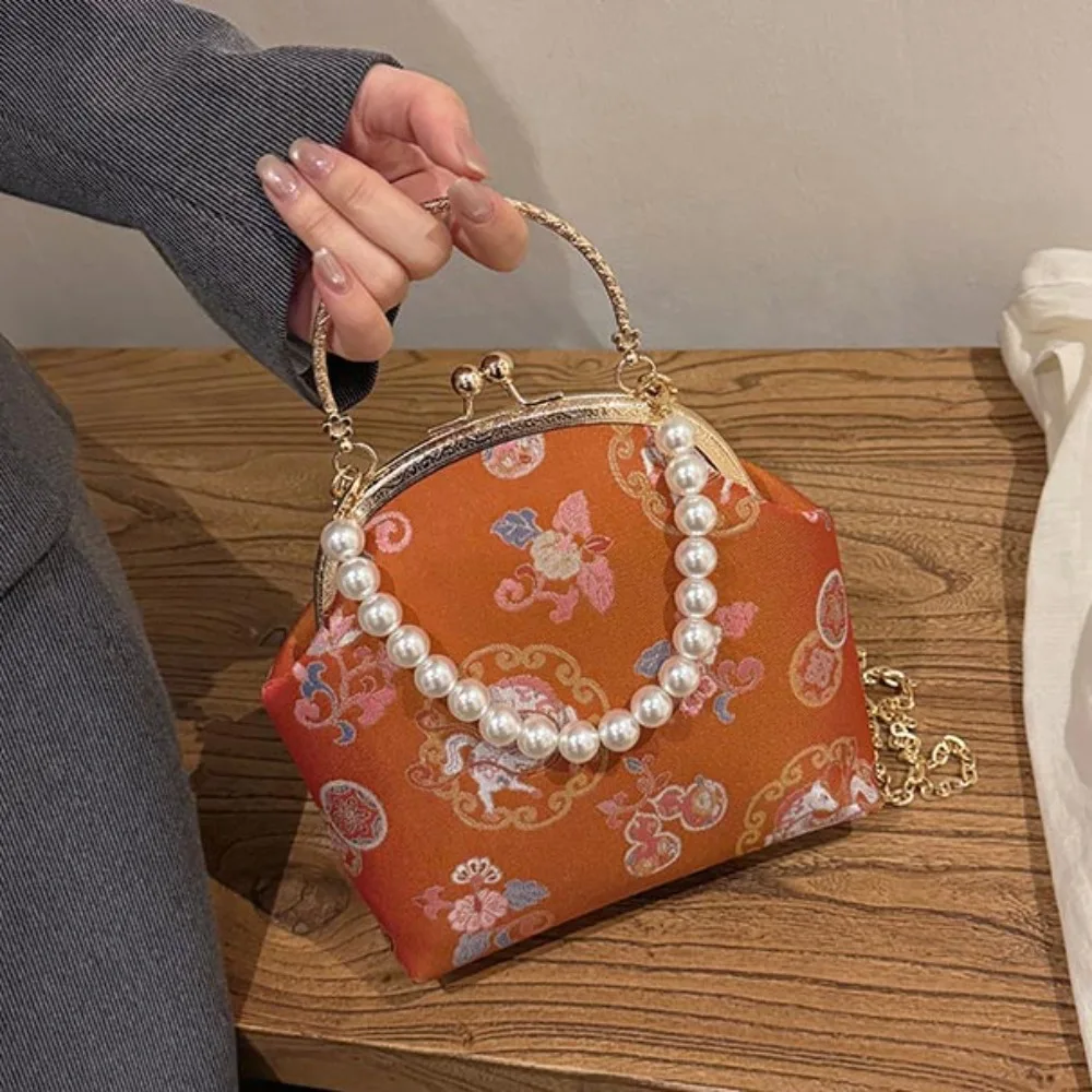 

Casual Pearl Chinese Style Handbag Horse Printed Elegant Embroidery Banquet Bag with Handle Cheongsam Accessories Wrist Bag Lady
