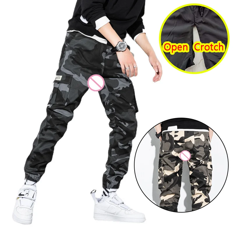 

Man Open Crotch Cargo Pants Hiking Costume with Hidden Zipper Camouflage Pattern Crotchless Long Trousers Fashion Breathable