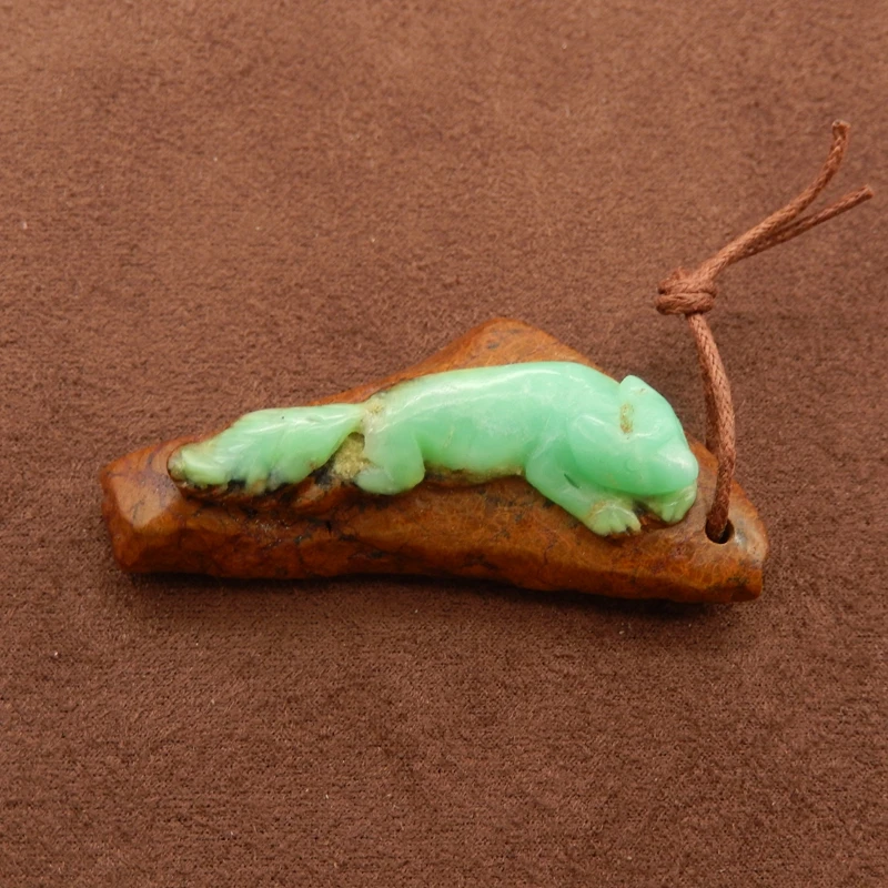 

Hand-Carved Chrysoprase Fox Pendant Natural Bright Green Gemstone Earthy Brown Base Artisanal Jewelry Collectible
