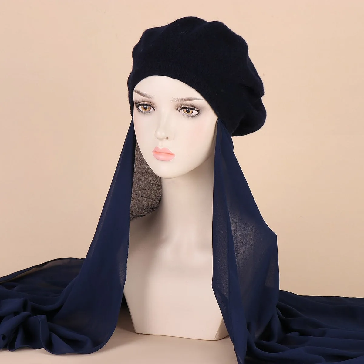 Musilm Women Instant Chiffon HIjabs With Beret Hats French Style Hats with Chiffon Hijab Baret Flat Hat with Chiffon Hijabs