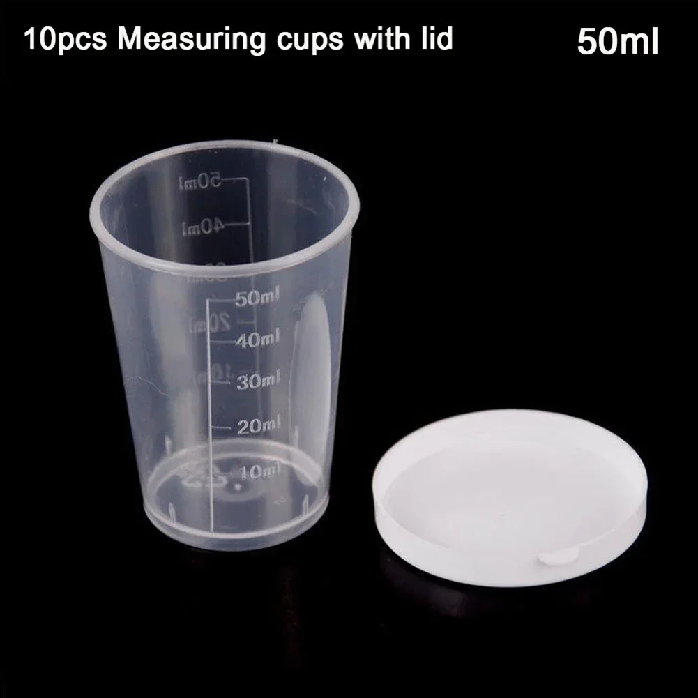 10 Pack Transparent Plastic Measuring Cup Set 50ml Capacity Cups with White Lids Great for Mixing and Measuring