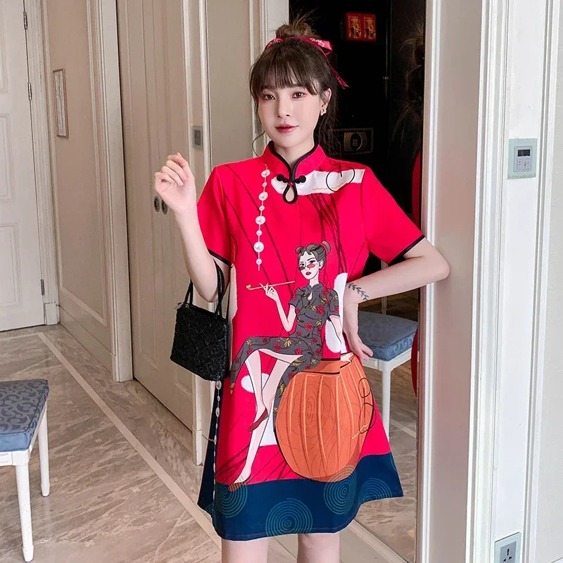 

Chinese Style Dress for Women Summer Short Sleeve Loose Buckle Improved Cheongsam 2021 Young Modern Qipao Retro Dresses Female