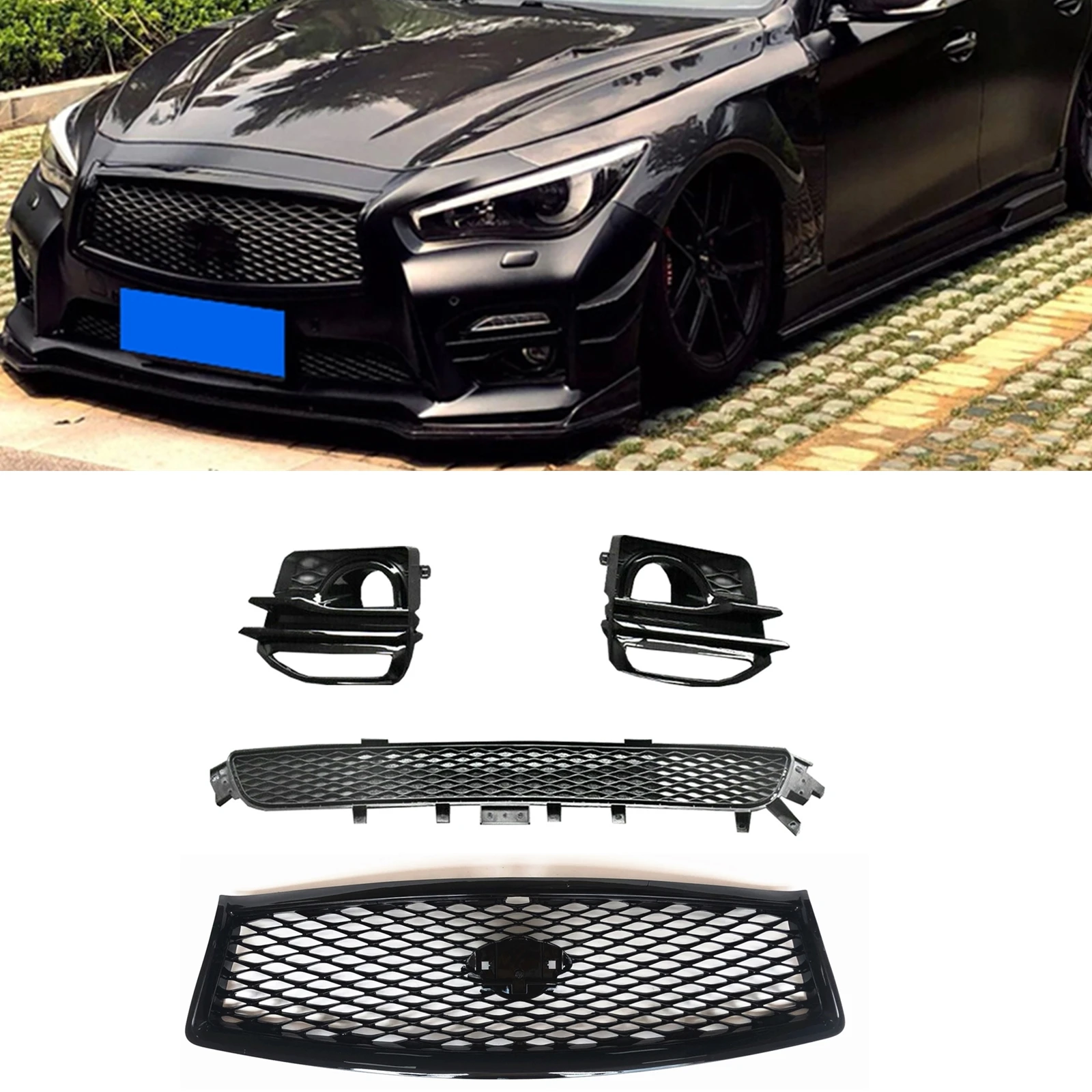 

For Infiniti Q50 2014-2017 Sport Front Upper Grille+Lower Grill+Fog Light Cover Frame Hood Mesh Side Air Vent Intake Frame Trim