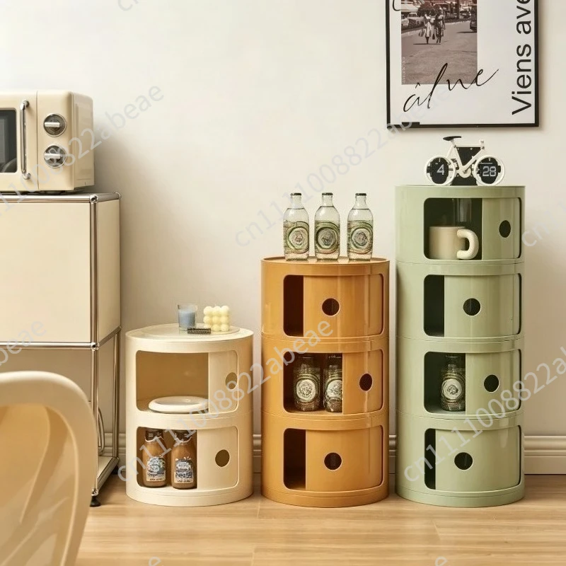 Round cabinet sliding door bedside table multi-layer round storage cabinet living room