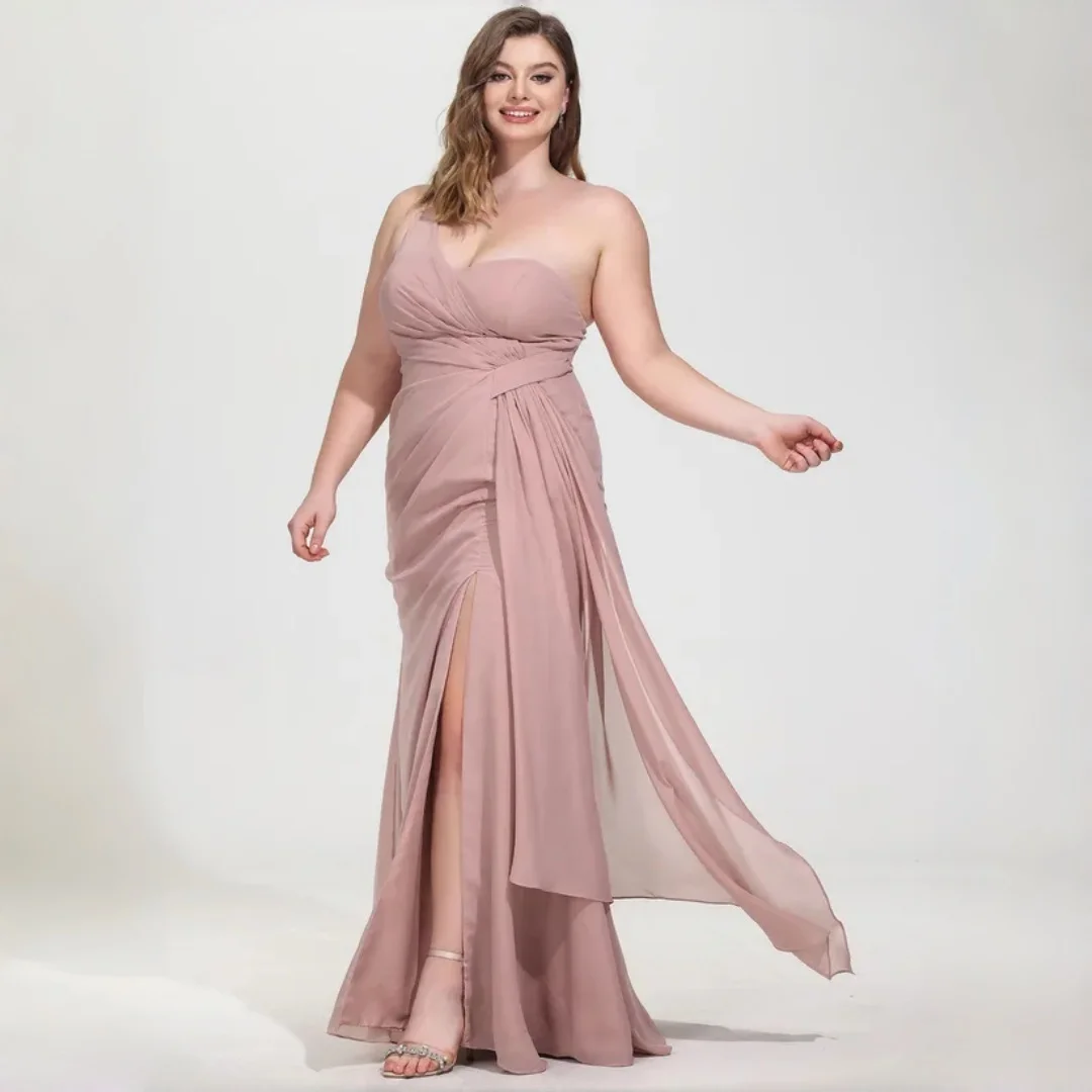 Plus Size Dusty Rose Chiffon Bridesmaid Dress Strapless Sweetheart Neck Ruched Bodice Waist Twist Draped Detail Floor Dress