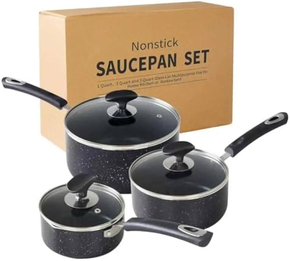 

Nonstick Saucepan Set with Lid, 1Qt 2Qt 3Qt Aluminum Alloy Pots, Silicone Handle for Kitchen