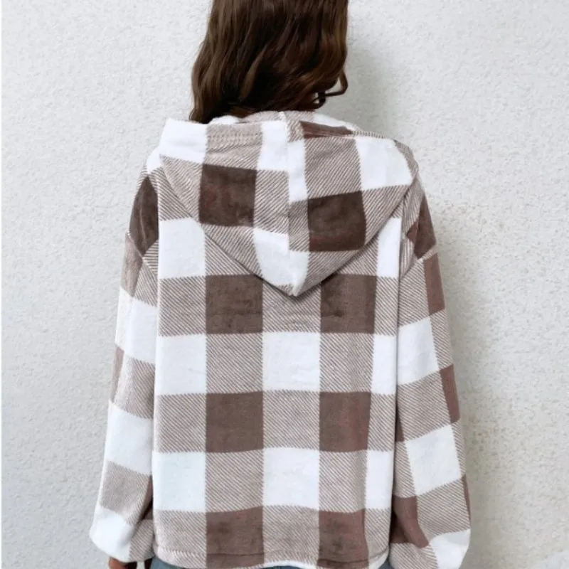 Autumn and Winter Women's Pullover Solid Plaid Half Open Collar Button Hooded Loose Fit Sweater Fashion Elegant Commuter Tops