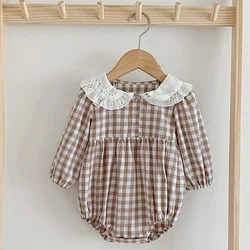 0-2yrs Brown Grid Infant Clothes Fashion Baby Romper Newborn Bodysuit Lace Peter Pan Collar Long Sleeves Infant Girl Jumpsuit