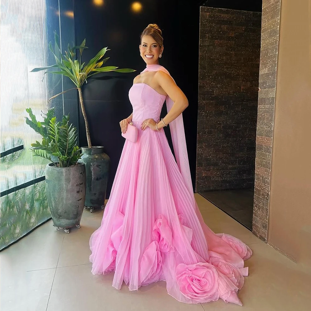 

Msikoods Pink Evening Dresses Luxury 2025 Strapless Pleated 3D Flower Party Dress for Wedding Ceremony Prom Dress Customized