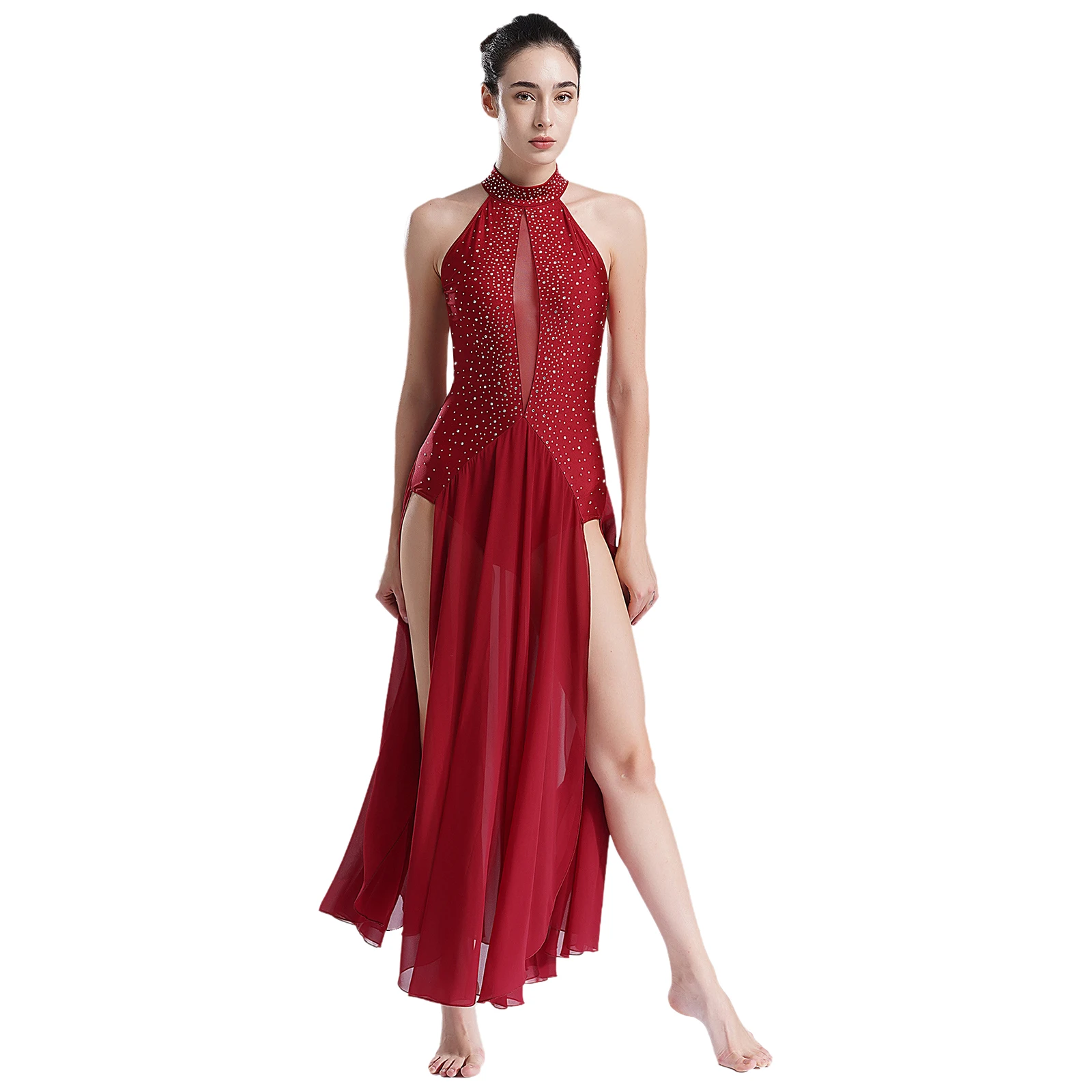 

Women Lyrical Dance Costume Modern Contemporary Ballet Dance Dresses Halter Strappy Back Shiny Rhinestones Split Mesh Long Dress