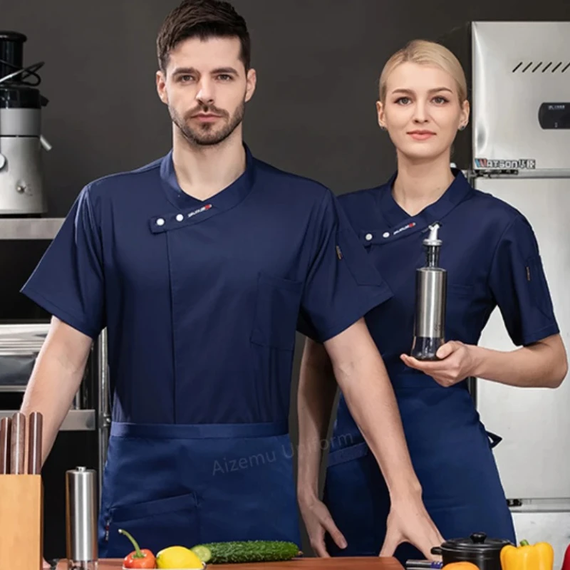 Delantal de uniforme de Chef de manga corta para restaurante para hombre, pantalones cortos de Chef de verano, chaqueta, abrigo de Chef transpirable, ropa de trabajo negra de cocina con logo