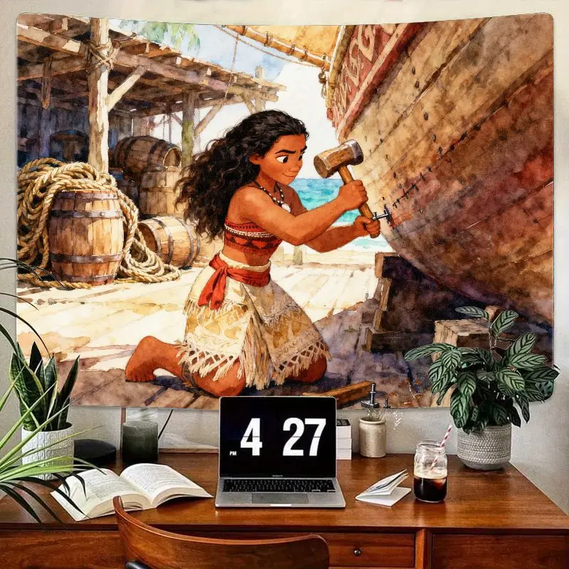 

1PC Moana Disney Tapestry, Watercolor Boat Repair Scene Wall Art, Polynesian Princess Home Decor for Living Room Bedroom Gift