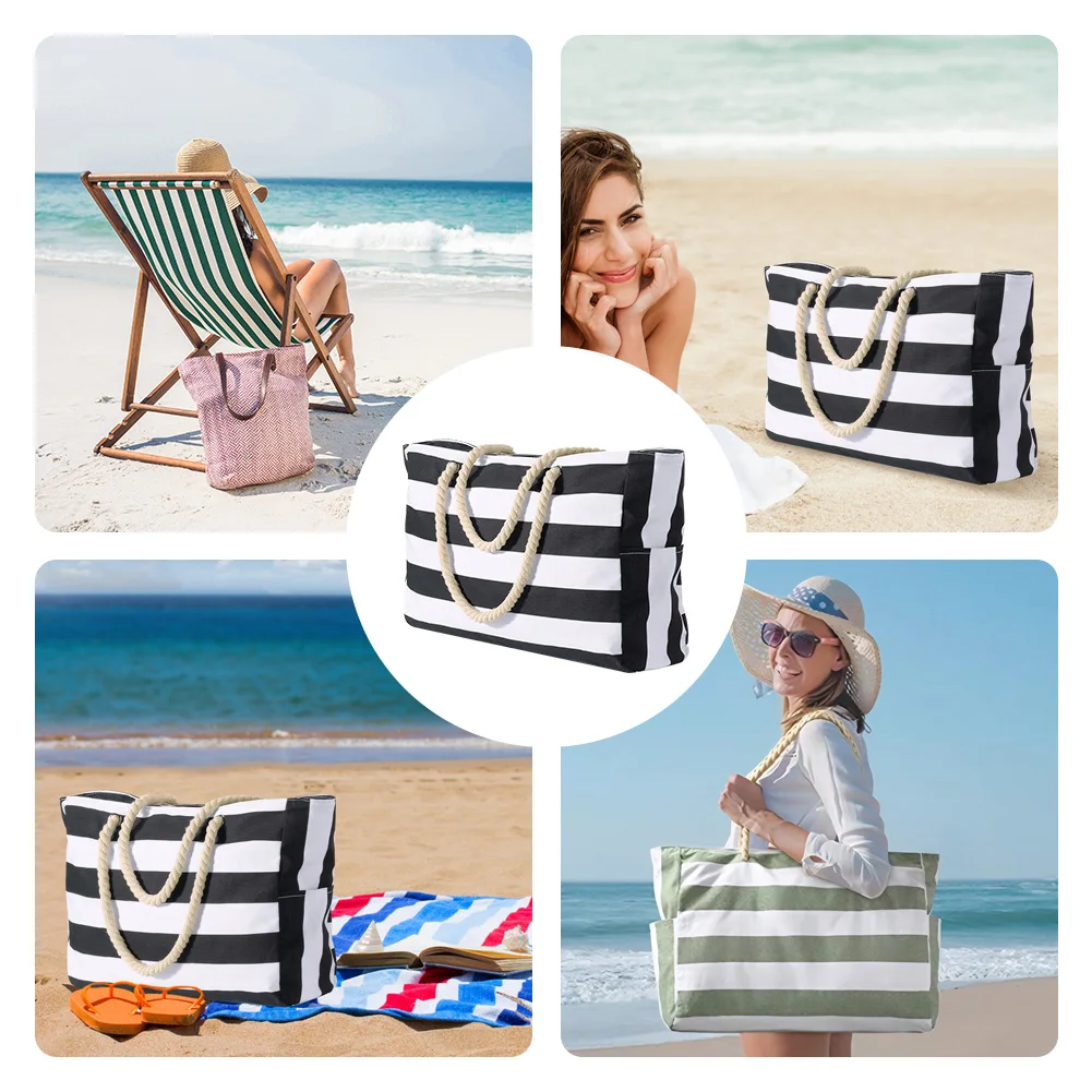 Striped Zipper Beach Bag Large Beach Tote Bag Waterproof Sandproof Swim Pool Canvas Bag with Zipper for Women