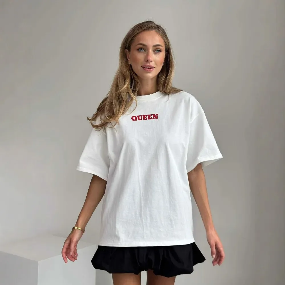 

QUEEN Letter Simple Print Short-sleeved American T-shirt 2025 Pure Cotton New Loose Summer Round-neck Trendy Top