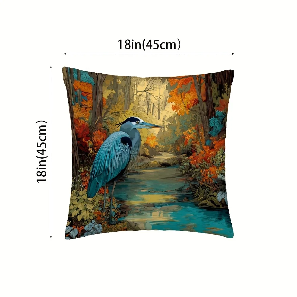 Vibrant Wildlife Scene Forest River Heron Art Pillow cover Case for Sofa Couch Decor