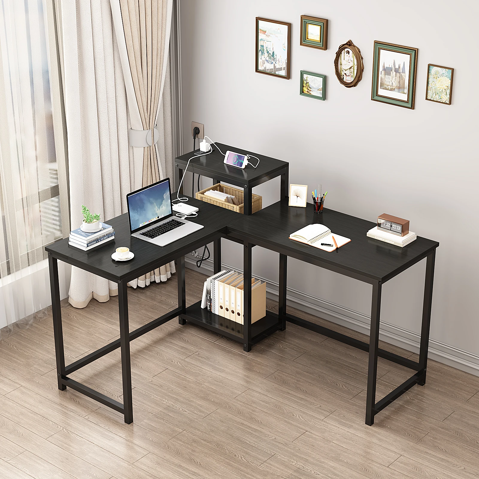 مكتب مكتب YQ JENMW على شكل حرف L مع مقبس طاقة ومساحة تخزين، مكتب كتابة لشخصين #2
