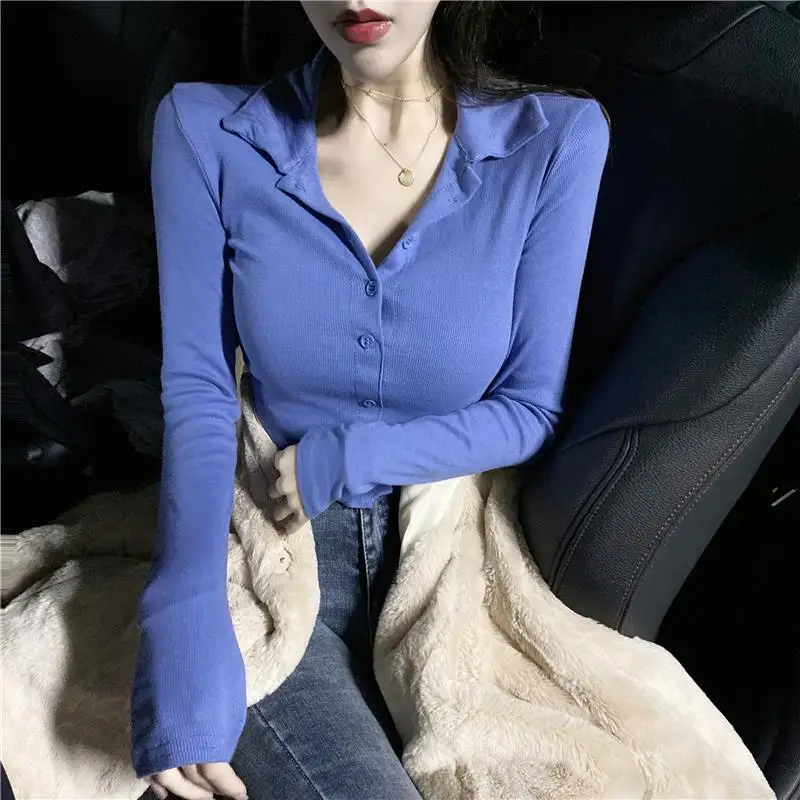 Women's Polo 100℅ Cotton Blue Button Female Tee Plain Spring Autumn T-shirts Korean Clothing Pulovers in Trend 2025 High Quality