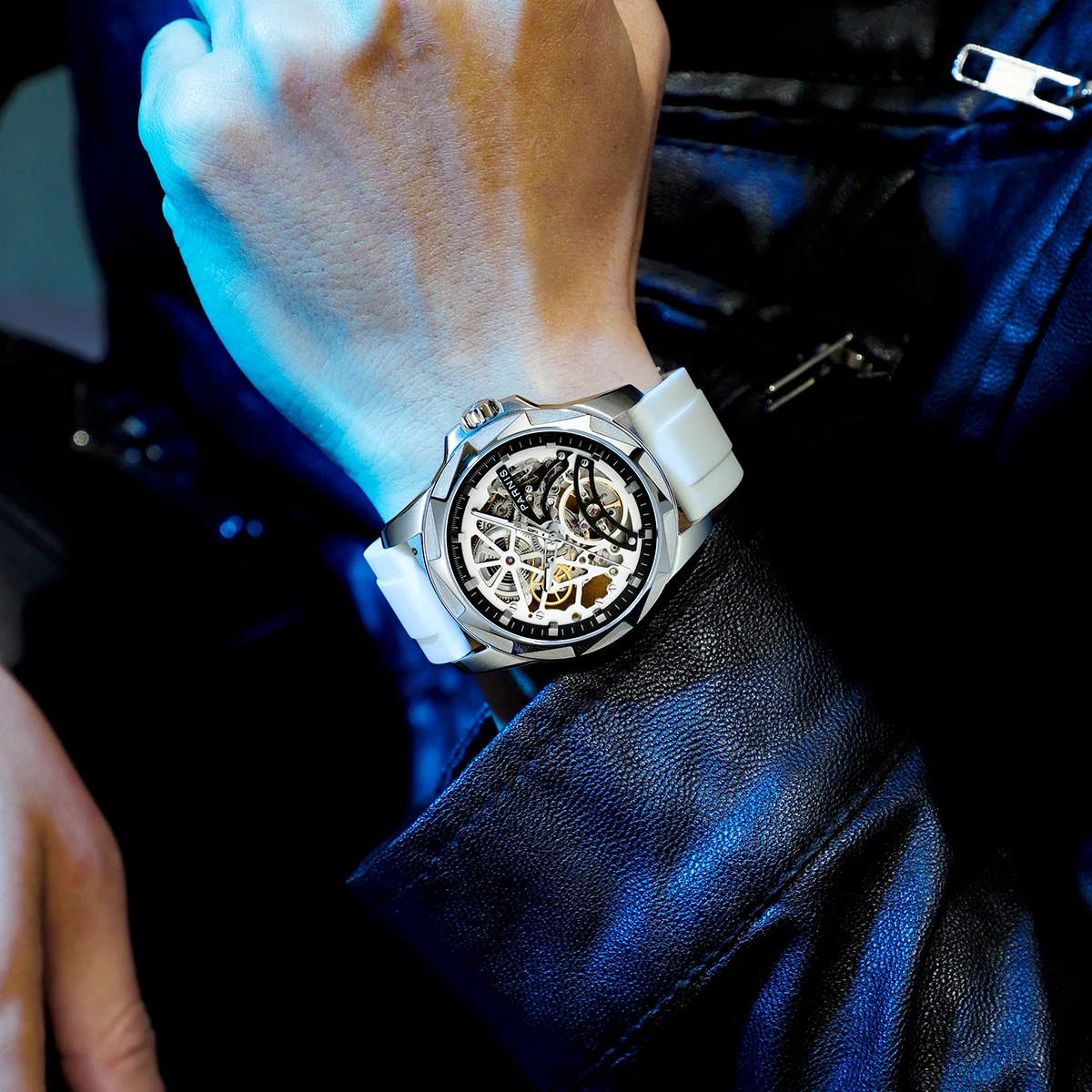 

Модные автоматические механические мужские часы Parnis с белым циферблатом 43 мм, резиновый ремешок, сапфировое стекло, календарь, спортивные часы, reloj hombre