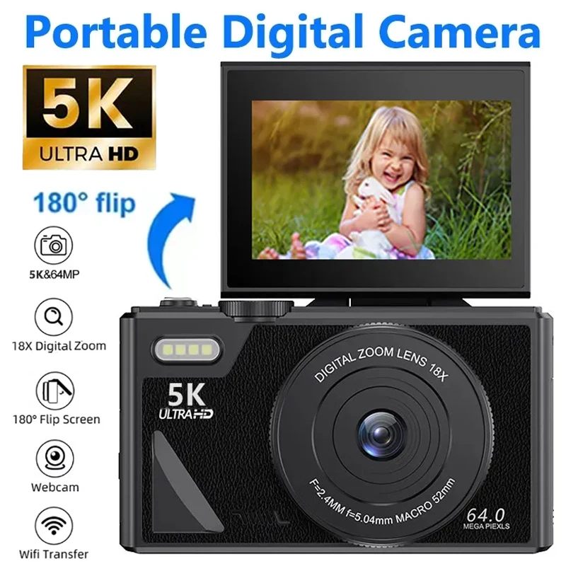 75MP Digital Camera 5K UHD for Photography 18X Zoom Vlog Camcorder Livestream Wifi Webcam 3.0 Inch Flip Screen AF Selfie Camera