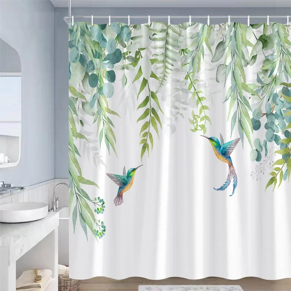 Spring Floral Hummingbird Shower Curtain for Bathroom Watercolor Flowers Birds Fabric Bath Curtains Modern Art Decor with Hooks