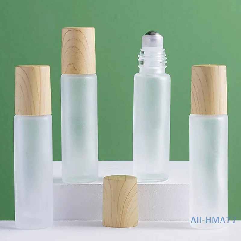 5ml10ml Frosted Glass Roller Bottle Wood Grain Plastic Cap For Essential Oils Roll-On Bottle With Stainless Steel Roller Ball