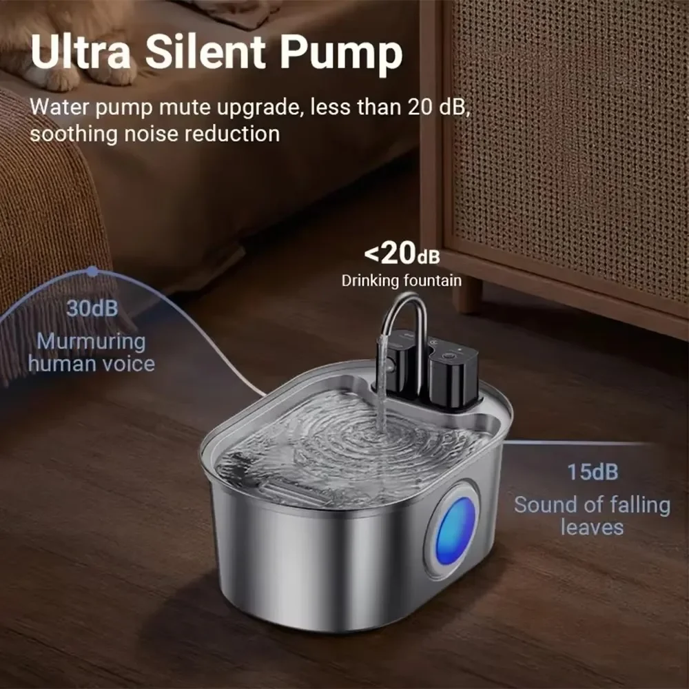 3.2L Smart Cat Water Fountain, Ultra‑Quiet Stainless Steel Wireless Pet Water Dispenser, 3/7 Pack Filters, for Cats and Dogs view 6