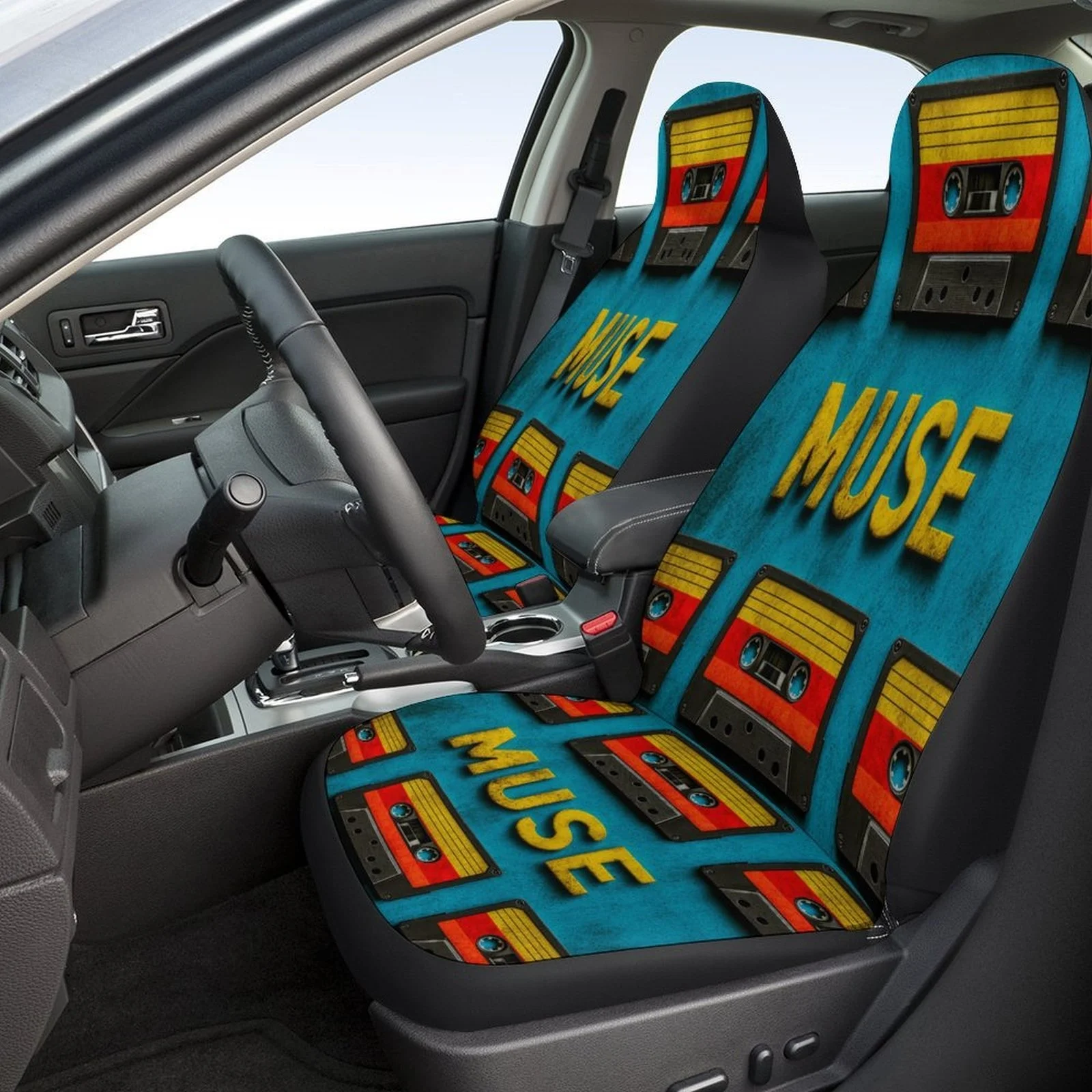 Cassette Muse Art Themed Car Seat Cover Set For Most Cars, Fashionable Novelty Car Seat Protector Covers Full Set, Universal Car