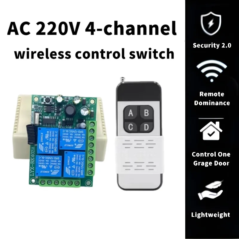 AC 220V 4 Channel Wireless Control Relay Switch 433MHz Remote Transmitter Universal for Garage Doors