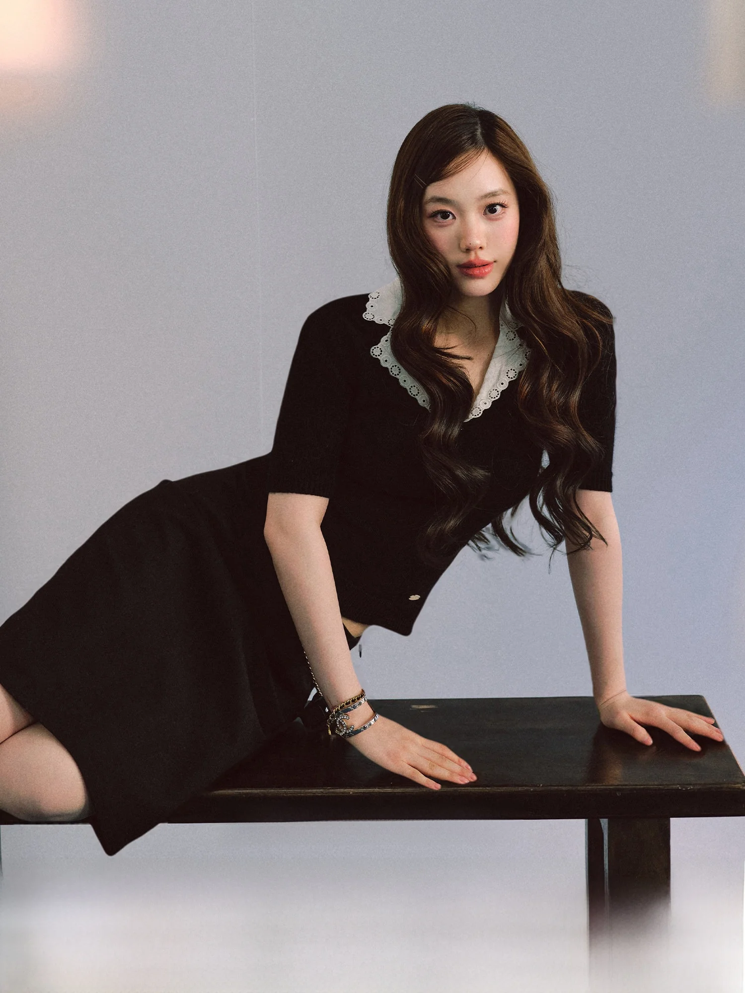 

Женский вязаный топ LaluneDuCiel Ele Sle Splicing с V-образным вырезом, отделкой из кроличьего плюша, модный, приталенный крой