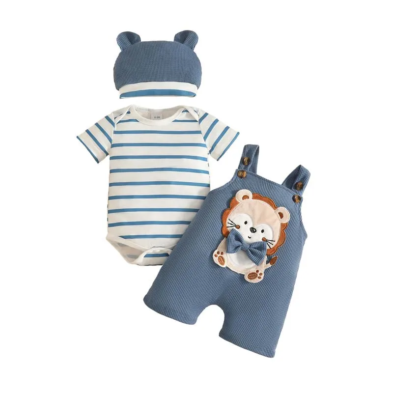 

0-18 Months Baby Boy Clothes Sets Outfits Short Sleeve Bodysuit+Cartoon Animal Suspender Trousers+Hat 3-Piece Newborn Clothing