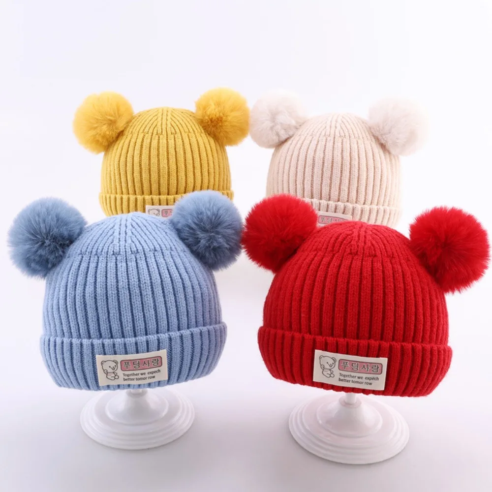 High Quality Solid Color Baby Knitted Hat 0-3 Year Plush Ball Children Warm Cap Soft Winter Hat Boys Girls