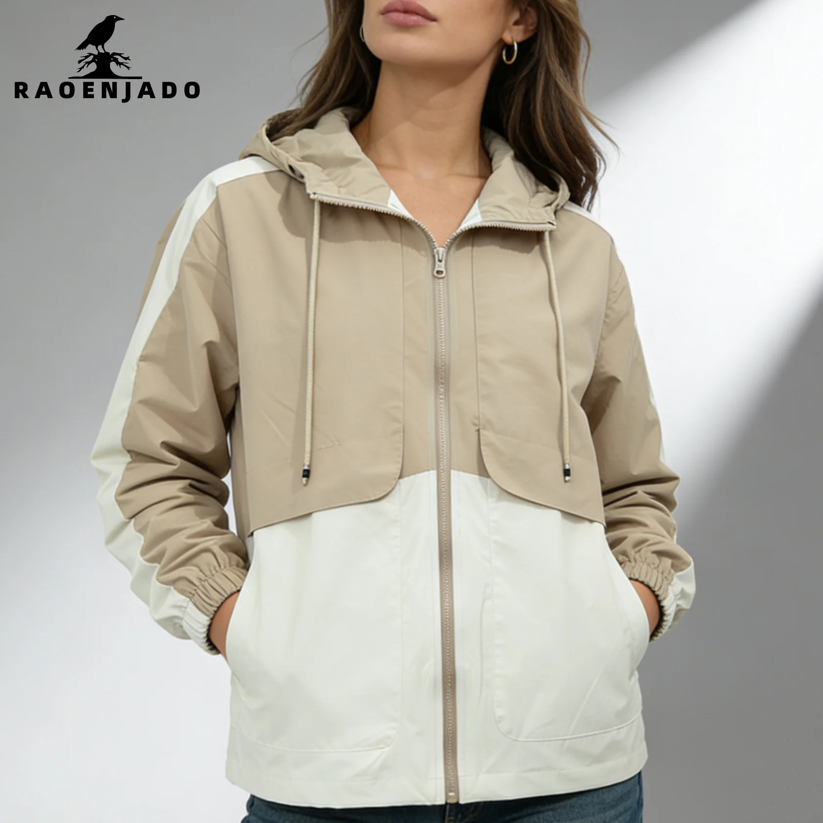 

Women's Hooded Jacket Spring&Autumn Zipper Loose-Fit Coat Casual Patchwork Color-Block Waterproof Elastic Cuffs Outerwear