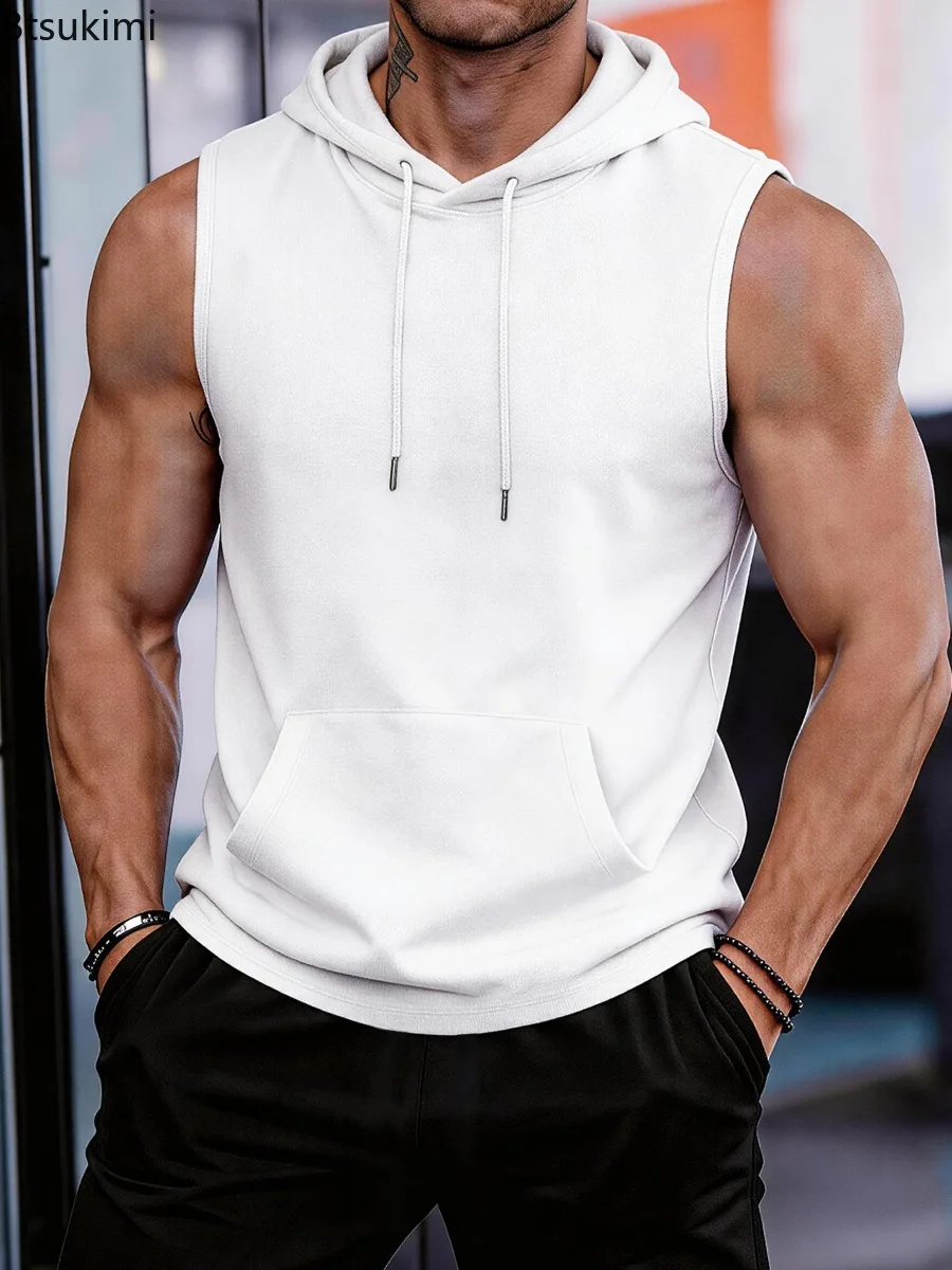 New Men's Summer Solid White Sleeveless Hoodie Vest Polyester Gym Workout Hooded Tank Top with Kangaroo Pocket Mens Clothing