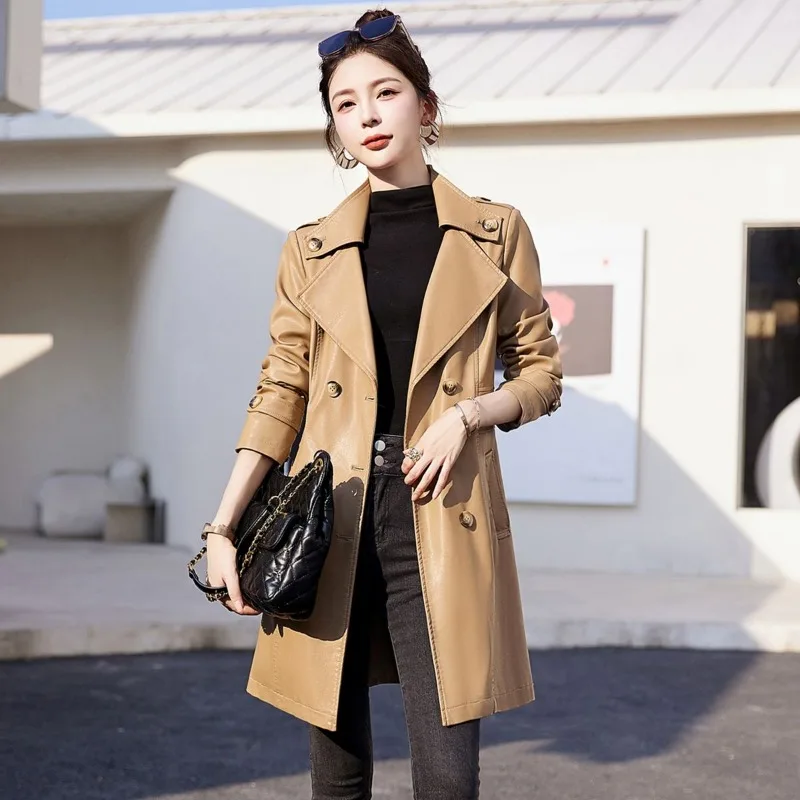 

2024 New Women's Korean-Style Fashionable Slim-Fit Leather Clothing Elegant Double-Breasted Leather Wind Coat Mid-Length Outwear