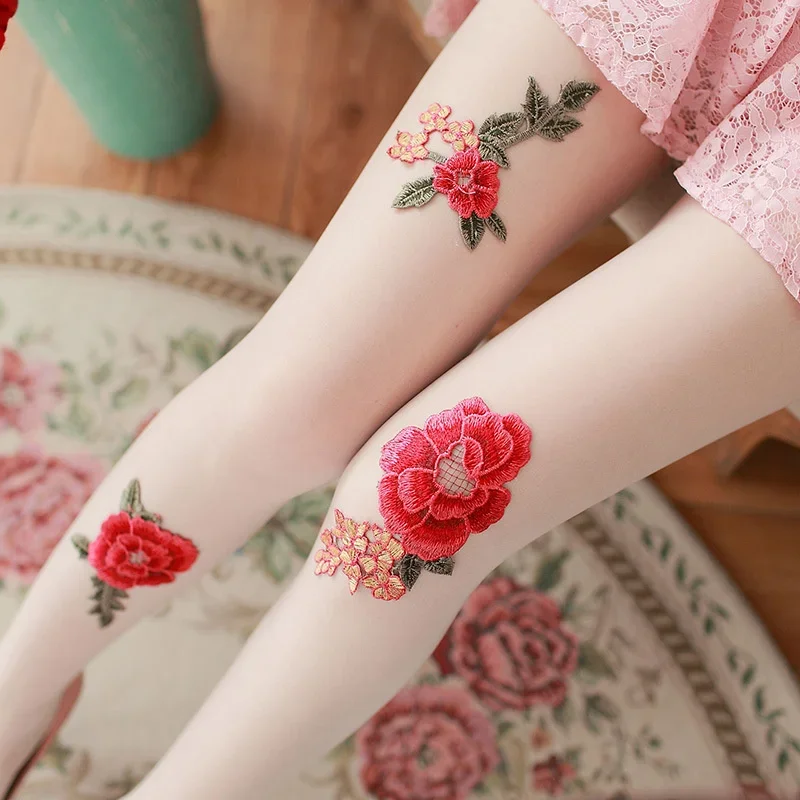 Mädchen Frauen sexy Strumpfhosen Rose Blume Stickerei ultra dünne schlanke Strumpfhose Dame elastische Seide Strümpfe Strumpfwaren