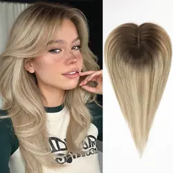 Ombre Light Brown Blonde Human Hair Toppers with Bangs 100% Remy Toupee Human Hair Piece Silk Base Clip in Topper Hair for Women