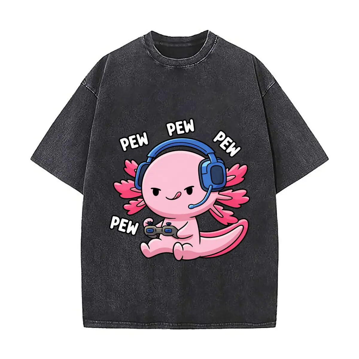 Cute Pink Axolotl Gamer Headset Controller Pew Pew Pew Pew Vintage Distressed Loose Streetwear Tops