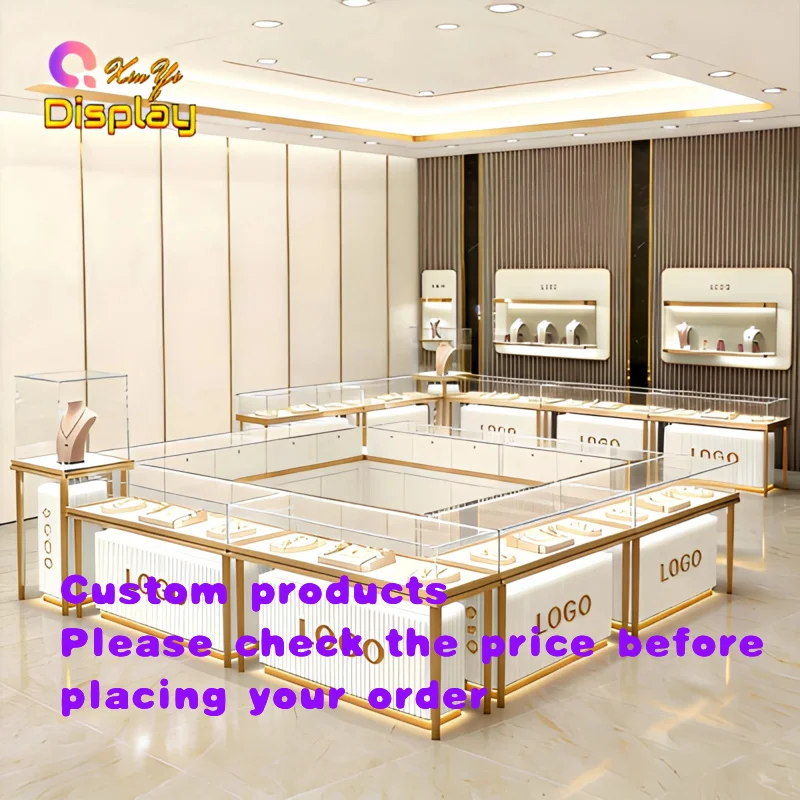 custom.High-end Mall Metal Jewelry Showcase Internal LED Spotlights Eco-Friendly Heavy Duty Retail Display Solution Bou