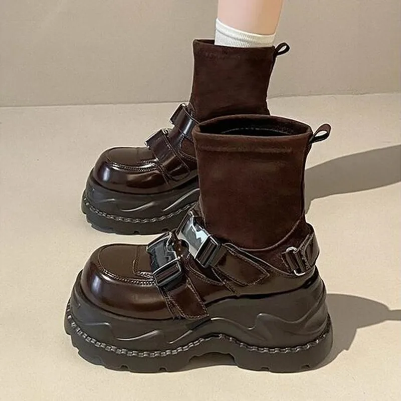 Calzini moda Stivali da donna Testa tonda Splicing Panno Suola spessa Stivali corti antiscivolo Scarpe da ginnastica con plateau firmate per donna Botas