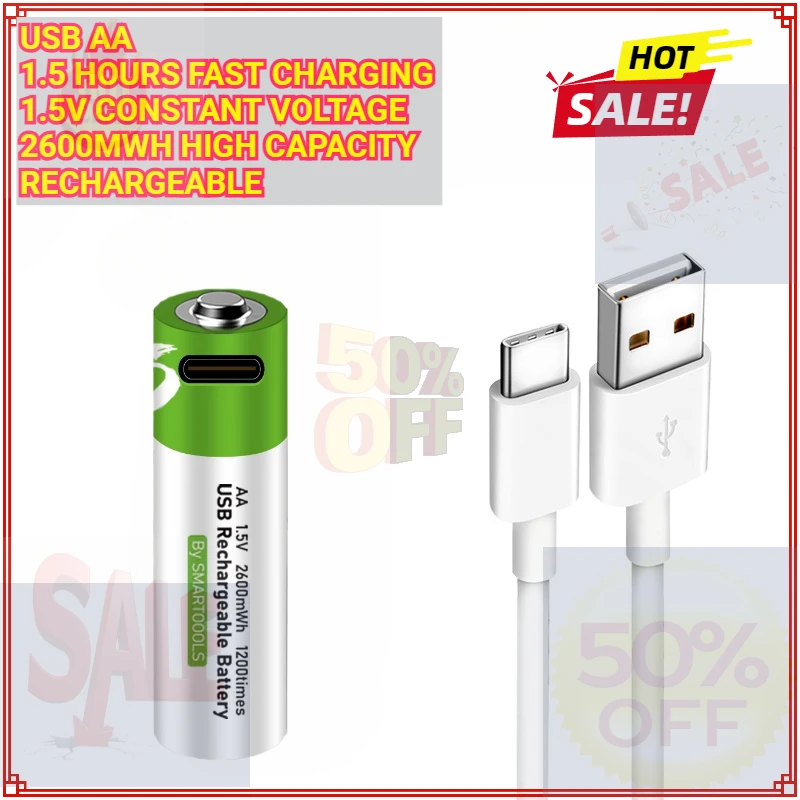 Aa Rechargeable Battery Usb Battery 2600mWh 1.5V Lithium Battery Suitable for Mouse Toy Remote Control Etc Pilas Recargables Aa