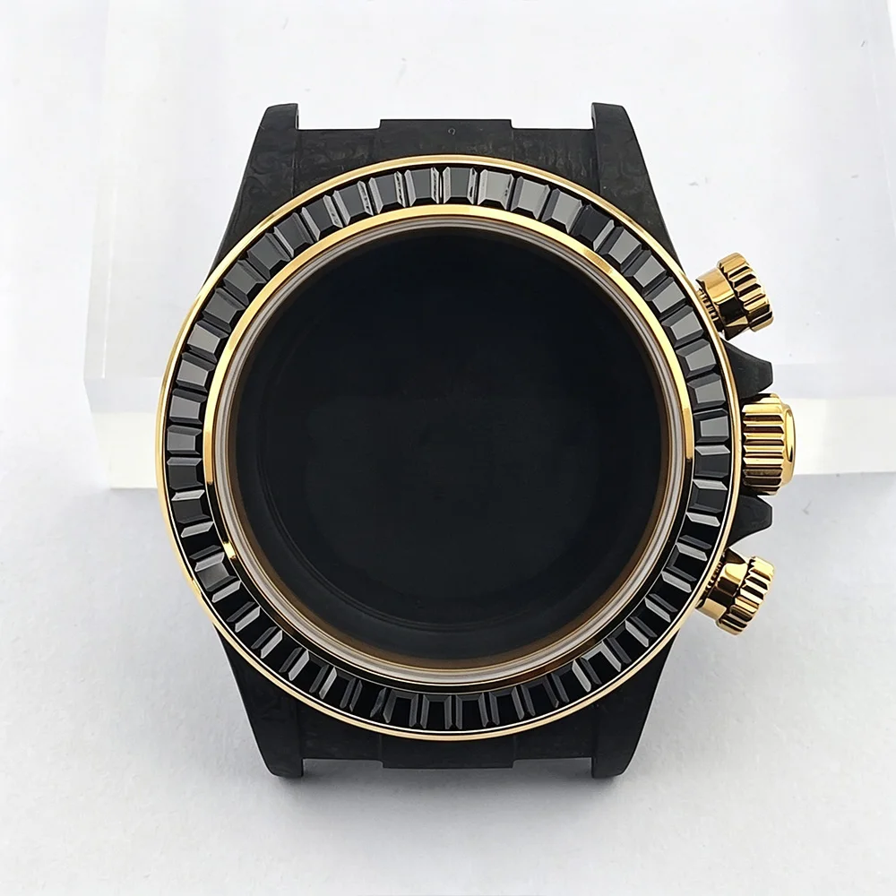 4130 VK63 case 38mm Multifunctional Men's watch Black gemstone bezel Sapphire glass carbon fiber case Fit VK63 4130 movement