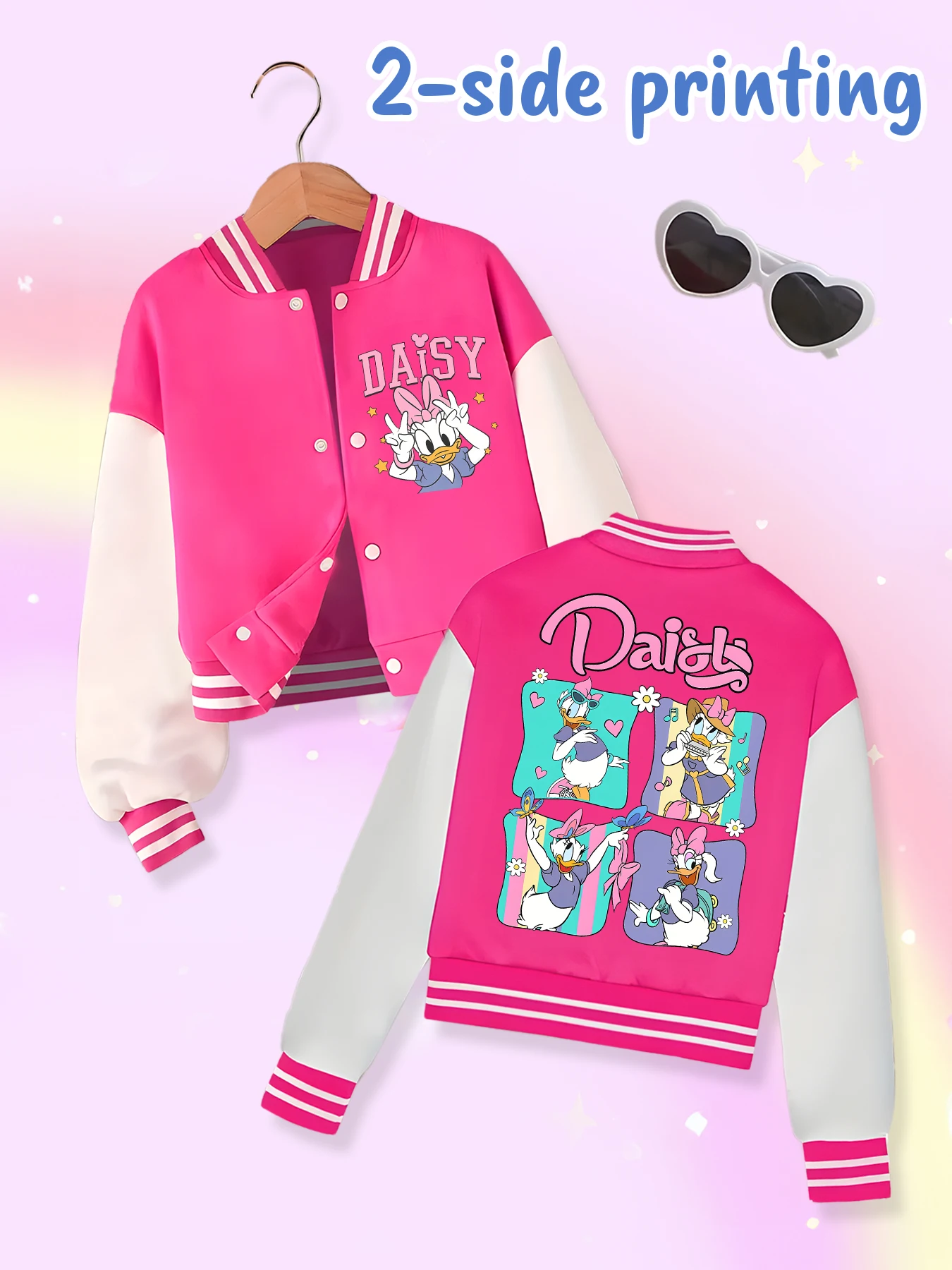 Disney fashion trend baseball jacket, suitable for daily sports and casual wear, printed with cute Daisy pattern, nice gift.