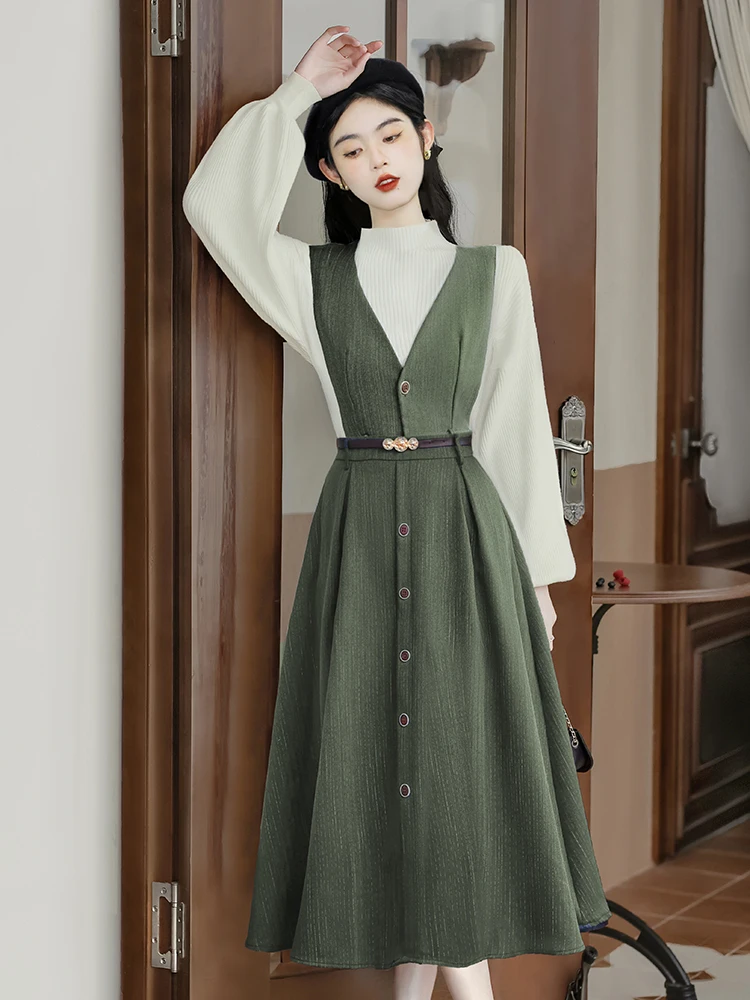 Fashion Office Lady Two Piece Dress Set Women Autumn Winter White Sweater and Long Woolen Dress Outfits