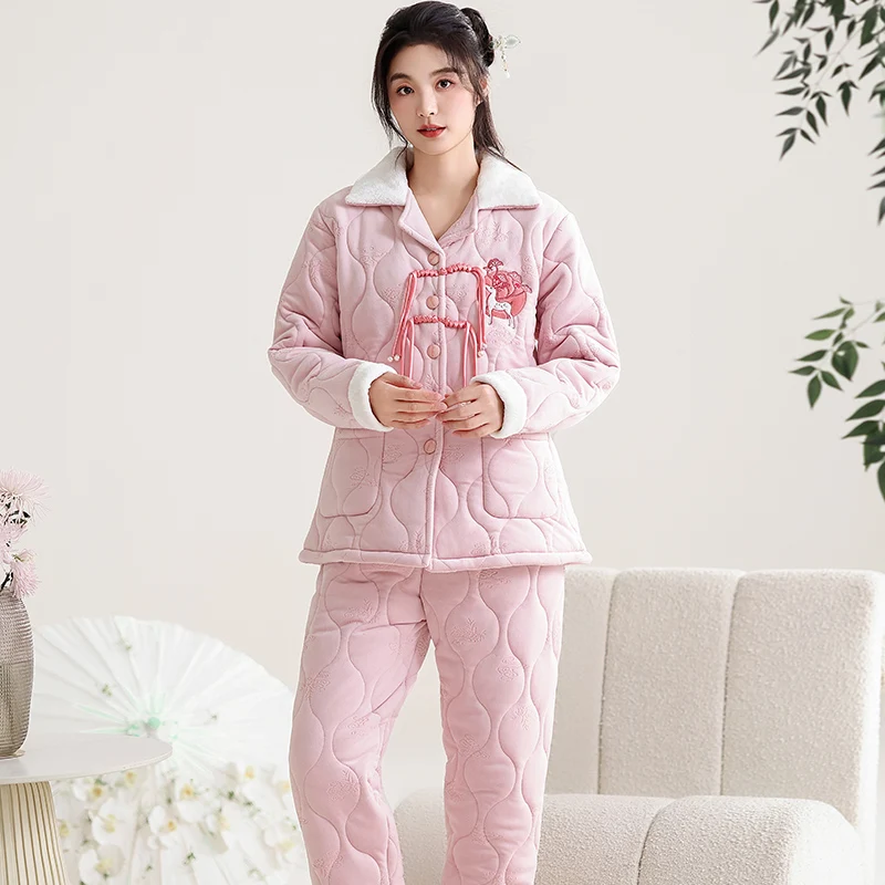 High Quality Winter Women Three Layer Clip Cotton Pijama Female Thick Turn-down Collar Solid Sleepwear