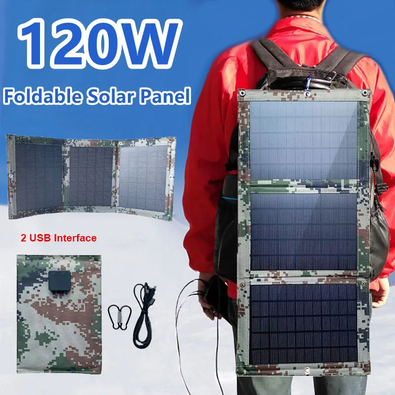 120W Foldable Solar Panel Dual USB Outdoor Waterproof Solar Charger Mobile Phone Power Bank for Camping Hiking with 3 in 1 Cable