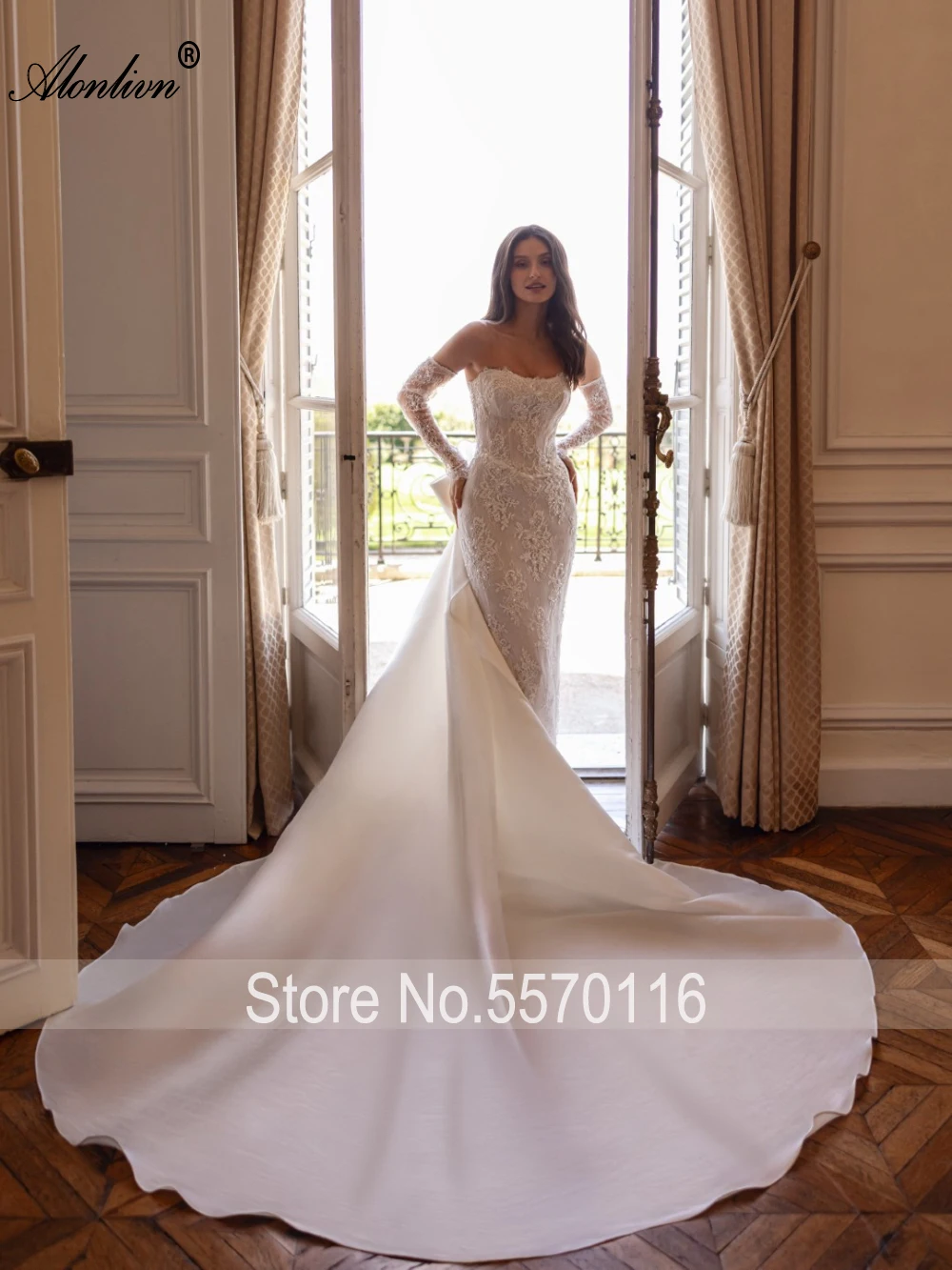 Alonlivn Custom Made Elegant Lace Removable Sleeves Mermaid Wedding Dresses Beading Pearls 2 In 1 Boat Neck Bridal Gowns