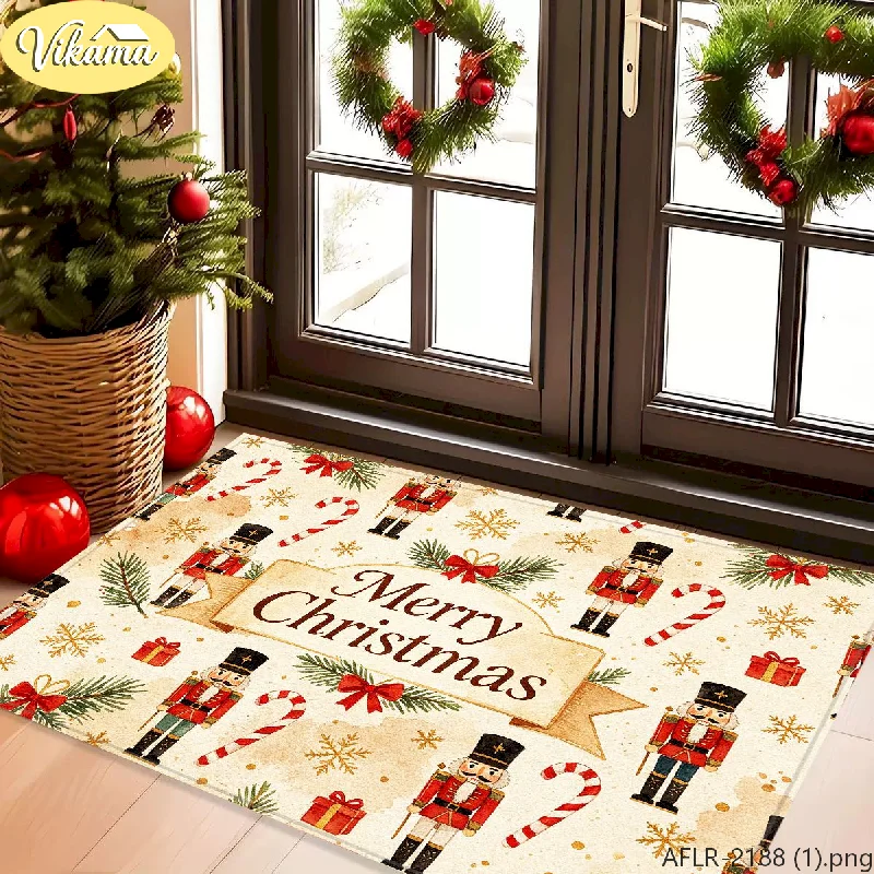 VIKAMA Christmas Soldier Candy Vine Door Mat Foot Mat Front Door Non Slip Washable Carpet Welcome Home Decoration For Festivals