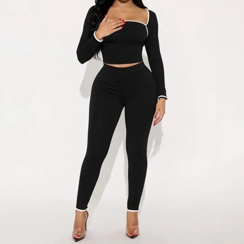 2-Piece Set Womens Autumn 2025 Casual Tracksuit White Edge Square Collar Crop Top+Leggings Fitness Stretch Slim Matching Outfits